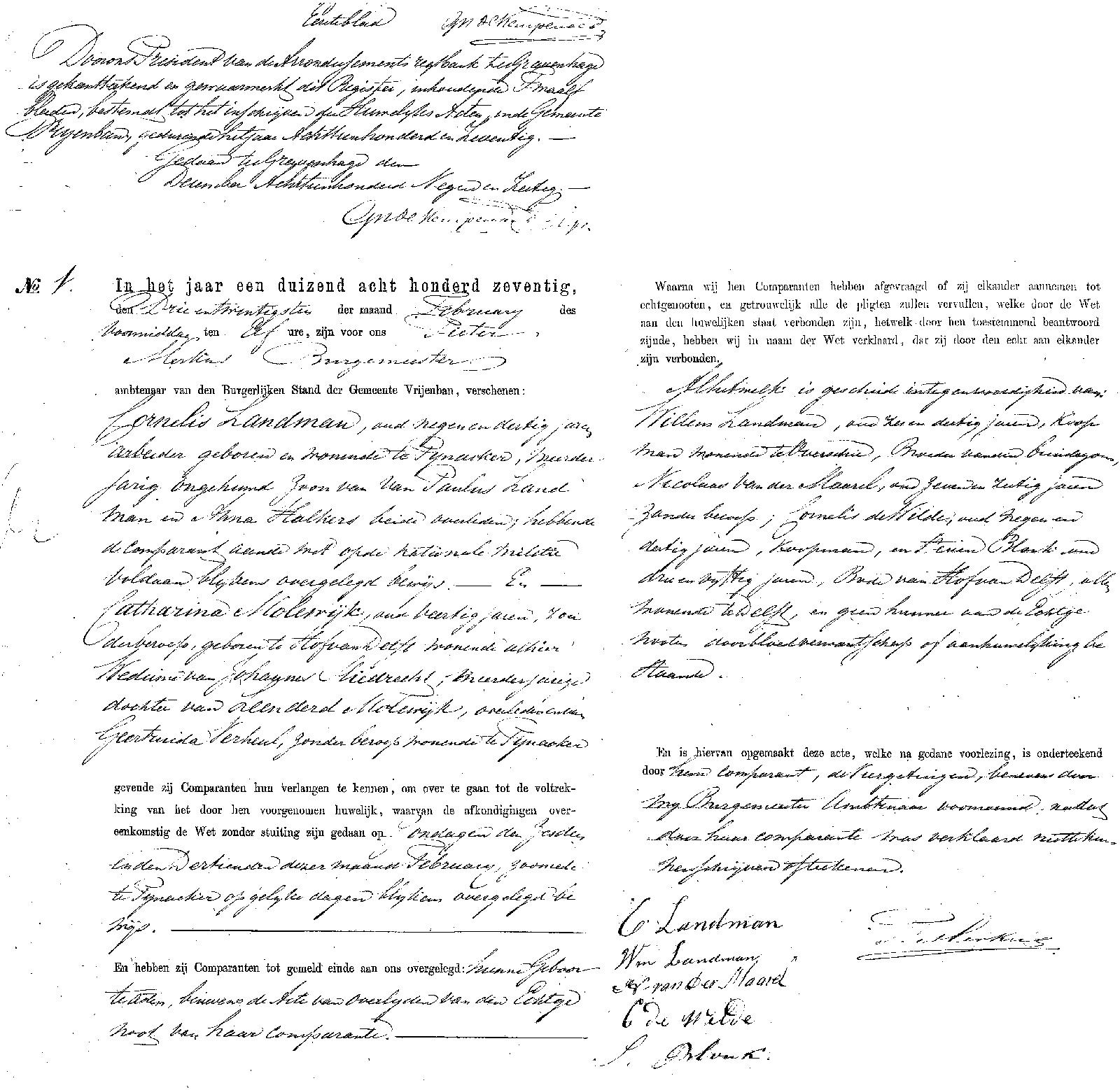 Klik op hier voor 18700223 huw akte 1 Cornelis Landman - Catharina Molenwijk